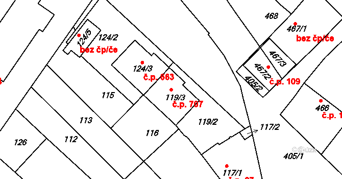 Lužice 707 na parcele st. 119/3 v KÚ Lužice u Hodonína, Katastrální mapa