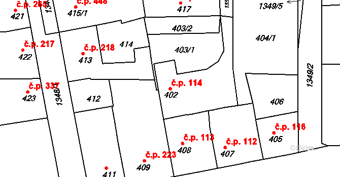 Tuchlovice 114 na parcele st. 402 v KÚ Tuchlovice, Katastrální mapa