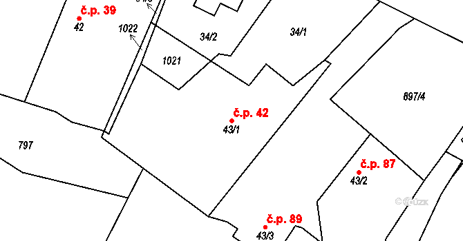 Blešno 42 na parcele st. 43/1 v KÚ Blešno, Katastrální mapa