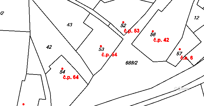Bouzov 54 na parcele st. 53 v KÚ Bouzov, Katastrální mapa