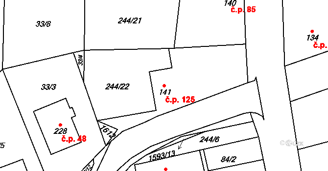 Kladeruby 125 na parcele st. 141 v KÚ Kladeruby, Katastrální mapa