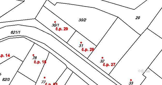 Milíčeves 28, Slatiny na parcele st. 31 v KÚ Milíčeves, Katastrální mapa