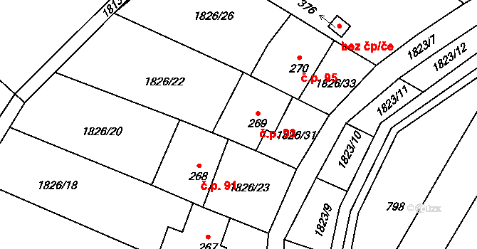 Hvězdonice 93 na parcele st. 269 v KÚ Hvězdonice, Katastrální mapa