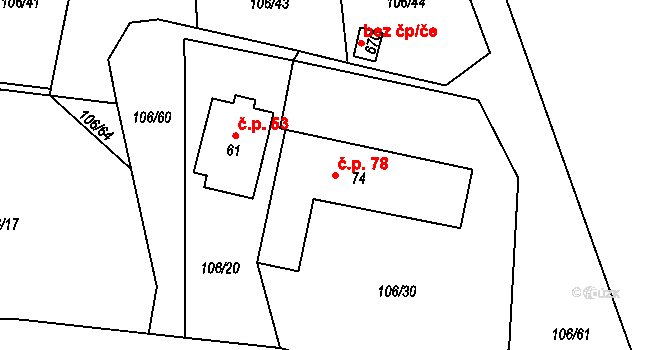 Přední Ptákovice 78, Strakonice na parcele st. 74 v KÚ Přední Ptákovice, Katastrální mapa