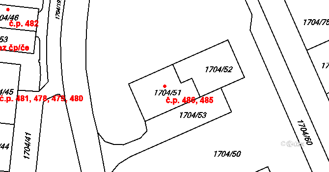 Miřetice u Klášterce nad Ohří 485,486, Klášterec nad Ohří na parcele st. 1704/51 v KÚ Miřetice u Klášterce nad Ohří, Katastrální mapa
