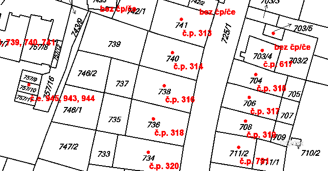 Štýřice 316, Brno na parcele st. 738 v KÚ Štýřice, Katastrální mapa