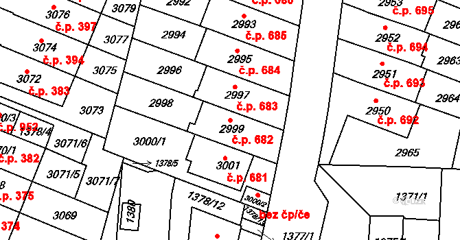 Jundrov 682, Brno na parcele st. 2999 v KÚ Jundrov, Katastrální mapa