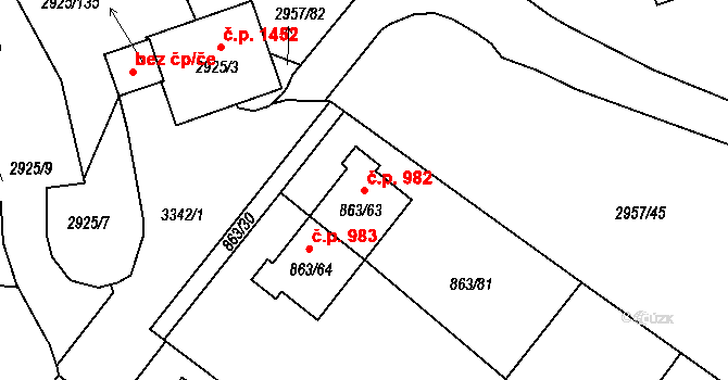 Pelhřimov 982 na parcele st. 863/63 v KÚ Pelhřimov, Katastrální mapa
