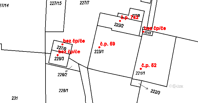 Suchdol nad Lužnicí 59 na parcele st. 223/1 v KÚ Suchdol nad Lužnicí, Katastrální mapa
