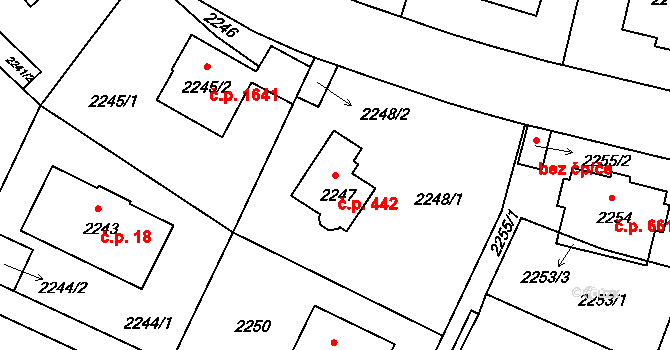 Braník 442, Praha na parcele st. 2247 v KÚ Braník, Katastrální mapa