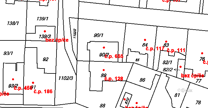 Čimice 665, Praha na parcele st. 90/2 v KÚ Čimice, Katastrální mapa
