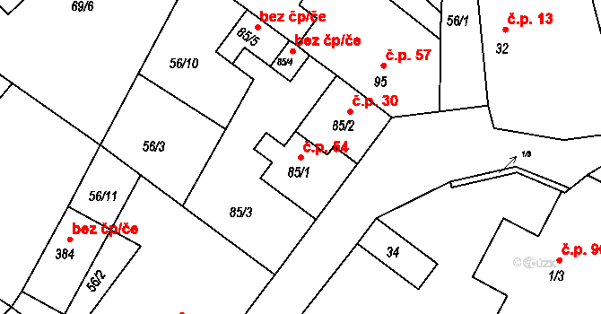 Hřiměždice 54 na parcele st. 85/1 v KÚ Hřiměždice, Katastrální mapa
