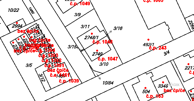 Sezimovo Ústí 1047 na parcele st. 2749 v KÚ Sezimovo Ústí, Katastrální mapa