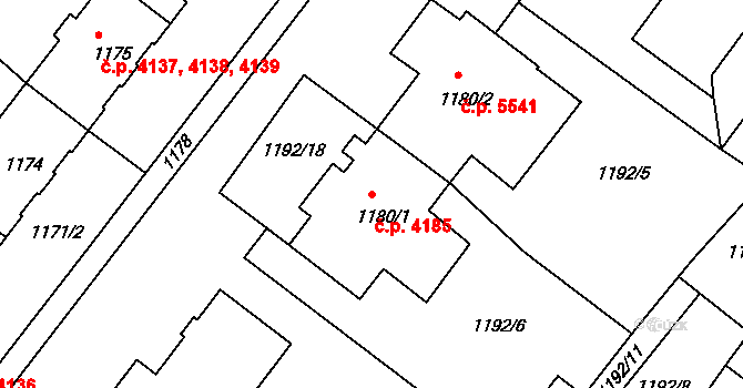 Chomutov 4185 na parcele st. 1180/1 v KÚ Chomutov II, Katastrální mapa
