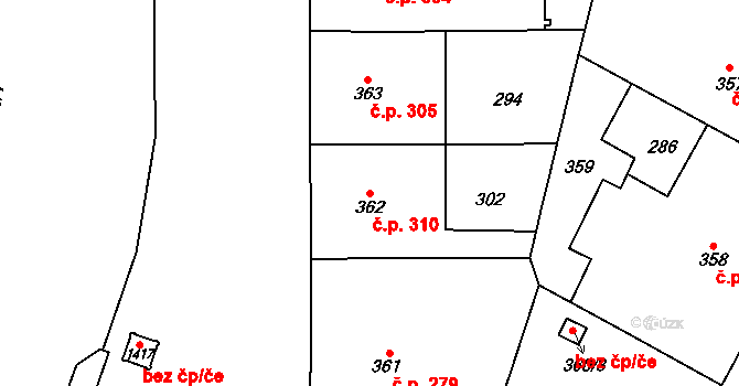 Hradec Králové 310 na parcele st. 362 v KÚ Hradec Králové, Katastrální mapa