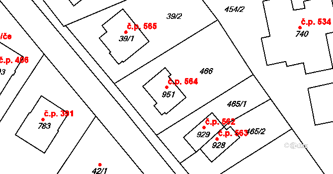 Třebeš 564, Hradec Králové na parcele st. 951 v KÚ Třebeš, Katastrální mapa