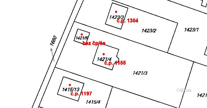 Stará Bělá 1155, Ostrava na parcele st. 1421/4 v KÚ Stará Bělá, Katastrální mapa