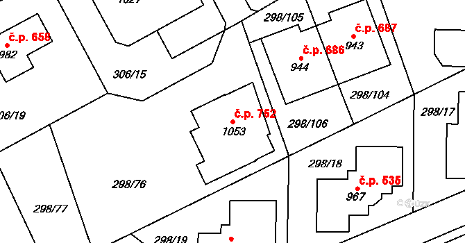 Horoměřice 752 na parcele st. 1053 v KÚ Horoměřice, Katastrální mapa