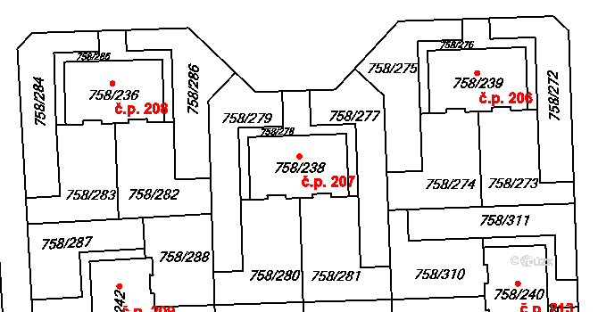 Blížejov 207 na parcele st. 758/238 v KÚ Blížejov, Katastrální mapa