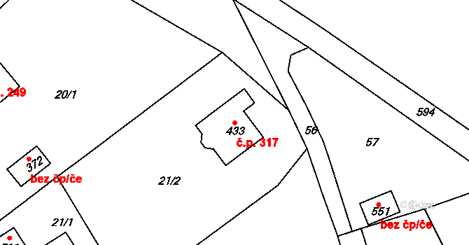 Přílepy 317 na parcele st. 433 v KÚ Přílepy u Holešova, Katastrální mapa
