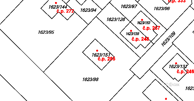 Popůvky 255 na parcele st. 1623/151 v KÚ Popůvky u Brna, Katastrální mapa