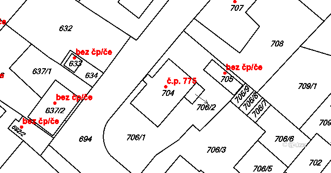 Jemnice 775 na parcele st. 704 v KÚ Jemnice, Katastrální mapa
