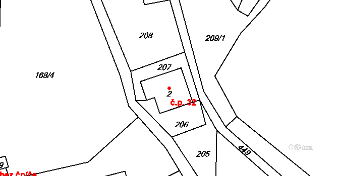 Odranec 32, Věcov na parcele st. 2 v KÚ Odranec, Katastrální mapa