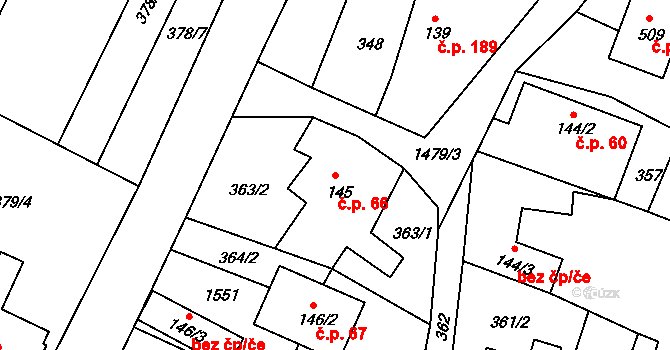 Mokré Lazce 66 na parcele st. 145 v KÚ Mokré Lazce, Katastrální mapa