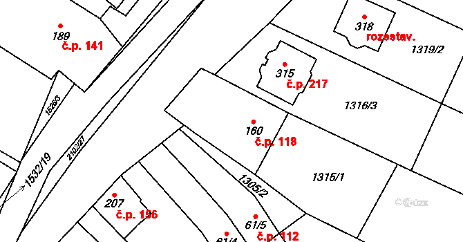 Tučapy 118 na parcele st. 160 v KÚ Tučapy u Vyškova, Katastrální mapa