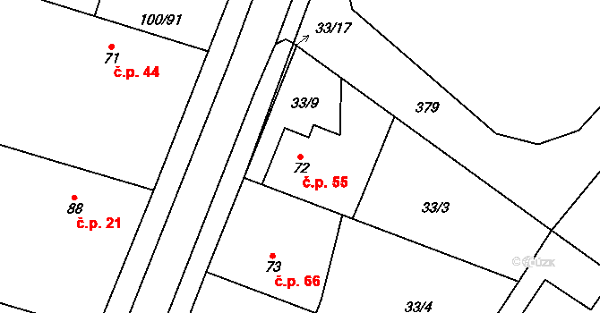 Třibřichy 55 na parcele st. 72 v KÚ Třibřichy, Katastrální mapa