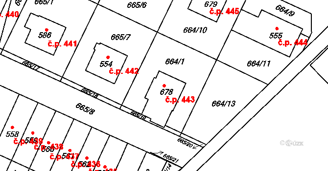 Krčín 443, Nové Město nad Metují na parcele st. 678 v KÚ Krčín, Katastrální mapa