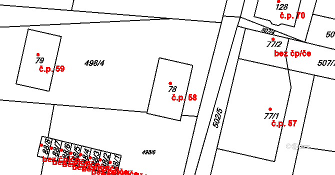 Lhota 58, Přelouč na parcele st. 78 v KÚ Lhota pod Přeloučí, Katastrální mapa