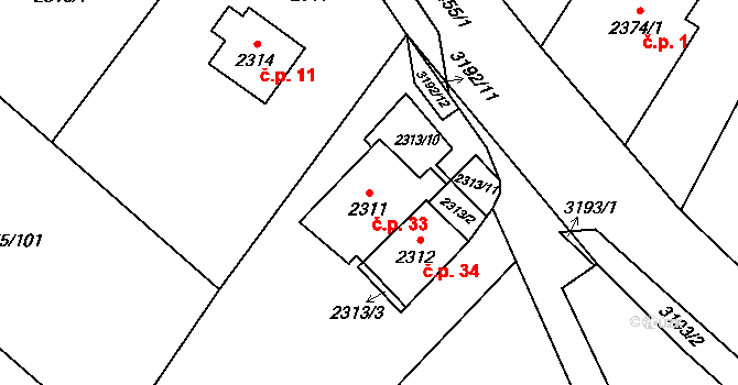 Hýlov 33, Klimkovice na parcele st. 2311 v KÚ Klimkovice, Katastrální mapa