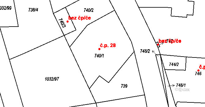 Senec 28, Zruč-Senec na parcele st. 740/1 v KÚ Senec u Plzně, Katastrální mapa