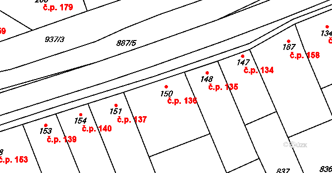 Jestřabice 136, Koryčany na parcele st. 150 v KÚ Jestřabice, Katastrální mapa