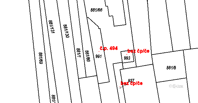 Vrbice 494 na parcele st. 991 v KÚ Vrbice u Velkých Pavlovic, Katastrální mapa