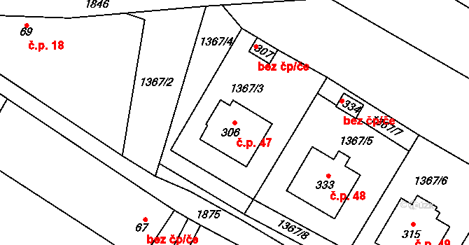Nesměřice 47, Zruč nad Sázavou na parcele st. 306 v KÚ Nesměřice, Katastrální mapa