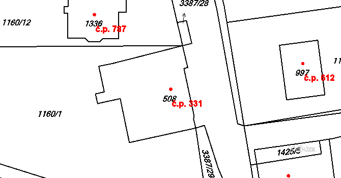 Oldřichovice 331, Třinec na parcele st. 508 v KÚ Oldřichovice u Třince, Katastrální mapa