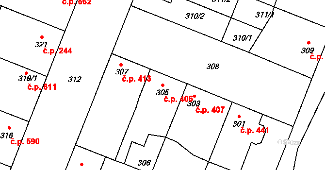 Lužice 406 na parcele st. 305 v KÚ Lužice u Hodonína, Katastrální mapa