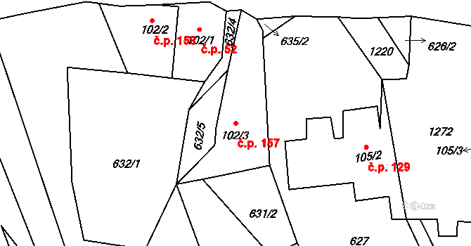 Oldřichov na Hranicích 157, Hrádek nad Nisou na parcele st. 102/3 v KÚ Oldřichov na Hranicích, Katastrální mapa