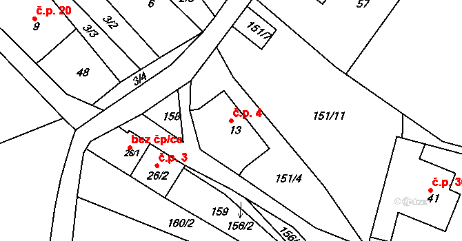 Ploužnice 4, Lomnice nad Popelkou na parcele st. 13 v KÚ Ploužnice pod Táborem, Katastrální mapa