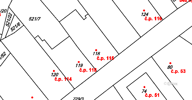 Černožice 115 na parcele st. 118 v KÚ Černožice nad Labem, Katastrální mapa