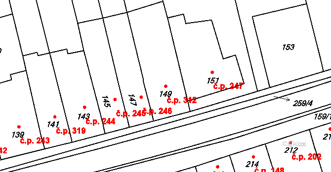 Grygov 312 na parcele st. 149 v KÚ Grygov, Katastrální mapa