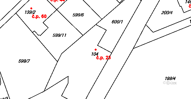 Víska 23, Vysoký Chlumec na parcele st. 104 v KÚ Vysoký Chlumec, Katastrální mapa