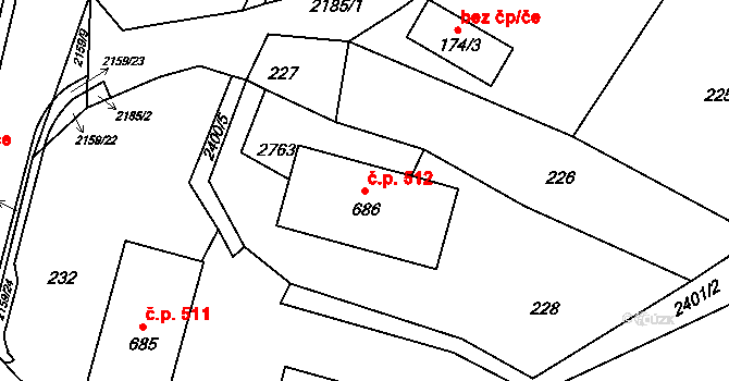 Skalice u České Lípy 512 na parcele st. 686 v KÚ Skalice u České Lípy, Katastrální mapa