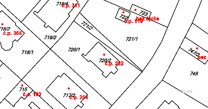 Strkov 282, Planá nad Lužnicí na parcele st. 720/2 v KÚ Planá nad Lužnicí, Katastrální mapa