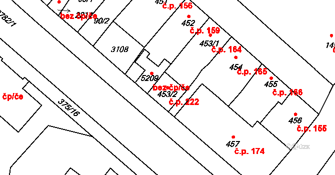 Střed 222, Rokycany na parcele st. 453/2 v KÚ Rokycany, Katastrální mapa