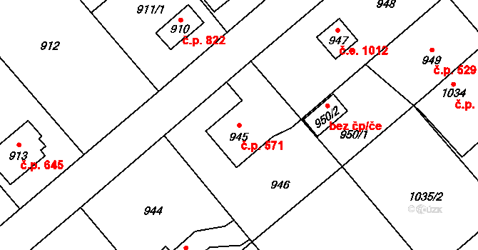 Šeberov 571, Praha na parcele st. 945 v KÚ Šeberov, Katastrální mapa