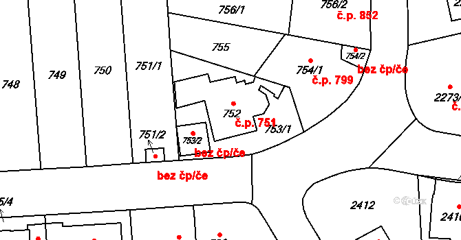 Radotín 751, Praha na parcele st. 752 v KÚ Radotín, Katastrální mapa