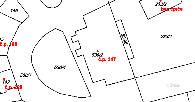 Radlice 317, Praha na parcele st. 536/2 v KÚ Radlice, Katastrální mapa
